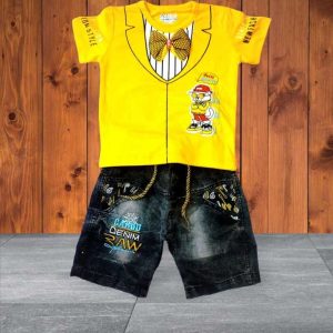 Yellow T‑Shirt with Fun Print + Denim Shorts
